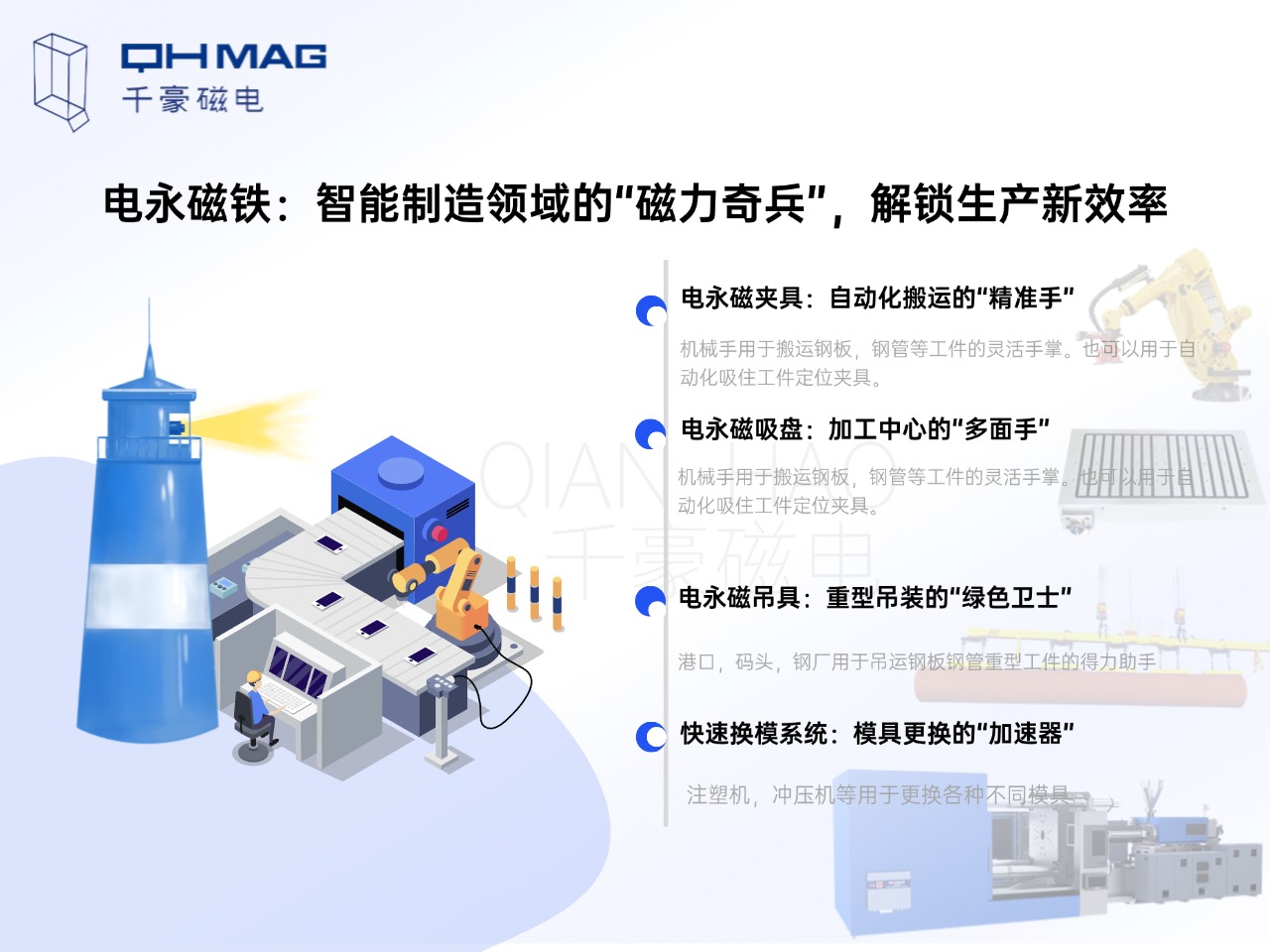 電永磁鐵的分類：電永磁夾具，電永磁吸盤，電永磁吊具，快速換模系統